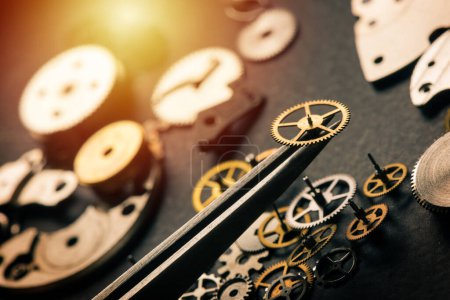 Photo for Mechanical watch repairing concept. closeup the parts of mechanical wristwatch. - Royalty Free Image