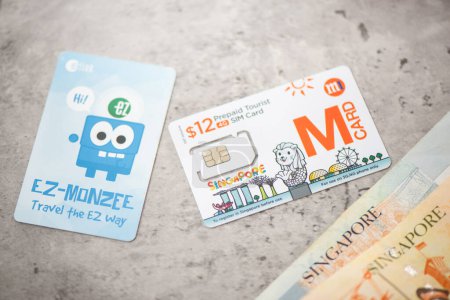 Téléchargez les photos : BANGKOK, THAÏLANDE - 11 OCTOBRE 2019 : La carte EZ-Monzee et la carte M. La carte EZ-Monzee est une carte prépayée pour voyager en bus MRT et LRT. La carte M est une carte SIM prépayée pour les touristes. - en image libre de droit
