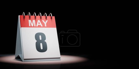 Rojo y blanco 8 de mayo Calendario de escritorio iluminado sobre fondo negro con espacio de copia Ilustración 3D