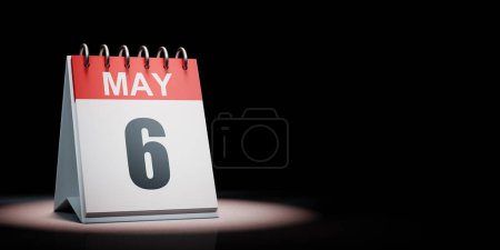 Rojo y blanco 6 de mayo Calendario de escritorio iluminado sobre fondo negro con espacio de copia Ilustración 3D