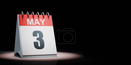 Rojo y blanco 3 de mayo Calendario de escritorio iluminado sobre fondo negro con espacio de copia Ilustración 3D