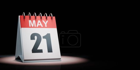 Rojo y blanco 21 de mayo Calendario de escritorio iluminado sobre fondo negro con espacio de copia Ilustración 3D