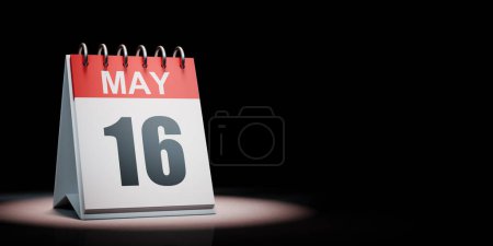 Rojo y blanco 16 de mayo Calendario de escritorio iluminado sobre fondo negro con espacio de copia Ilustración 3D