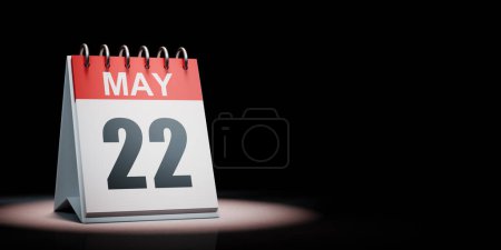 Rojo y blanco 22 de mayo Calendario de escritorio iluminado sobre fondo negro con espacio de copia Ilustración 3D
