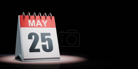 Rojo y blanco 25 de mayo Calendario de escritorio iluminado sobre fondo negro con espacio de copia Ilustración 3D