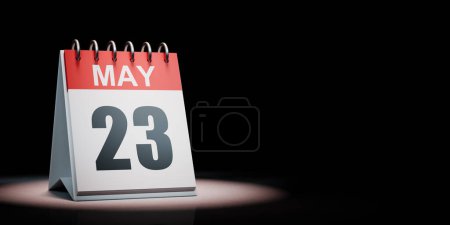 Rojo y blanco 23 de mayo Calendario de escritorio iluminado sobre fondo negro con espacio de copia Ilustración 3D
