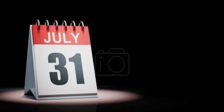Rot und Weiß 31. Juli Schreibtischkalender auf schwarzem Hintergrund mit Kopierraum 3D-Illustration beleuchtet