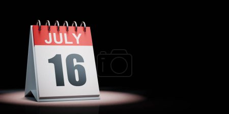 Rojo y blanco 16 de julio Calendario de escritorio iluminado sobre fondo negro con espacio de copia Ilustración 3D