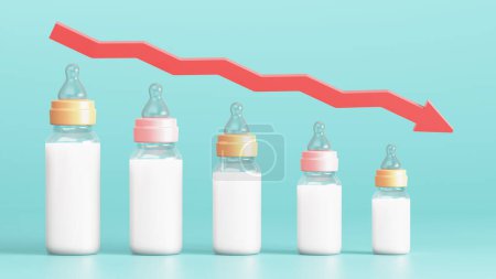 Photo for Fertility decline concept. Depopulation, demographic crisis. Baby bottles in the form of graph and down arrow. 3d illustration. - Royalty Free Image