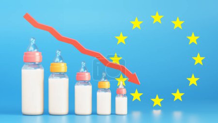 Photo for The concept of fertility decline in Europe. Depopulation, demographic crisis. Baby bottles in the form of graph and arrow down on the background of EU flag. 3d illustration. - Royalty Free Image