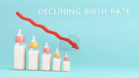 Fruchtbarkeitsrückgang Konzept. Entvölkerung, demografische Krise. Babyflaschen in Form von Graphen und Pfeil nach unten. Sinkende Geburtenrate. 3D-Illustration.