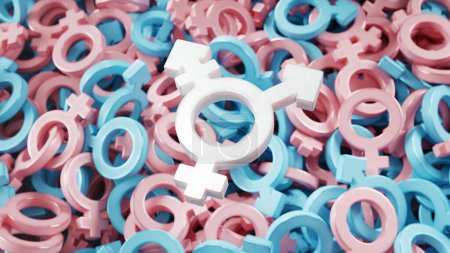 Weißes Transgender-Symbol auf dem Hintergrund vieler rosa und blauer Sexschilder. Die Farben der Transgender-Flagge. 3D-Illustration.