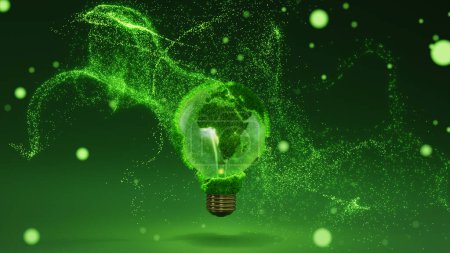 Photo for Earth globe light bulb. Scattering luminous particles. Green energy, renewable resources, planetary ecology protection, sustainable development. - Royalty Free Image