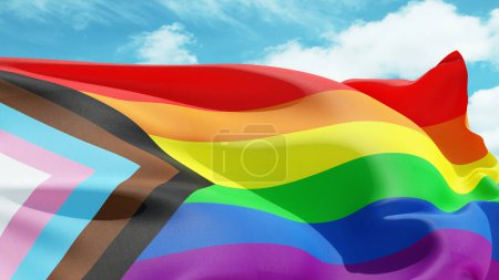 Foto de La bandera del arco iris ondea en el viento. Nuevo símbolo de derechos LGBTQ +. - Imagen libre de derechos