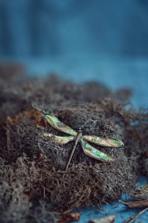 Iridescent Dragonfly Brooch on Moss Bed. Striking dragonfly brooch with luminous wings set against a backdrop of reindeer moss