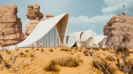 Desert modern architecture with flowing lines amidst rocky terrain. 3D render of innovative structure in desert landscape. Sustainable design concept integrating with natural environment. Sunny day with clear blue sky.