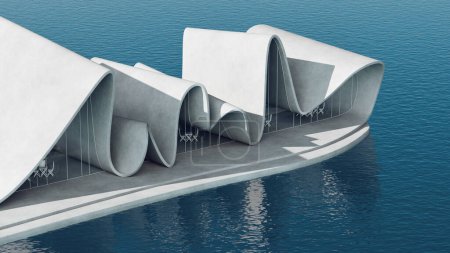 Foto de Modernos edificios ondulados en un paseo marítimo. Representación 3D de arquitectura futurista con reflejos sobre la superficie del agua. Paisaje sereno con vista al mar - Imagen libre de derechos