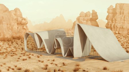 Kurvige, umweltfreundliche Architektur in Wüstenlandschaft. 3D-Rendering organisch geformter Gebäude, die sich mit trockener Landschaft vermischen. Nachhaltige Entwicklung und Designkonzept.