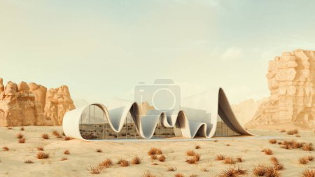 Moderne Wüstenarchitektur mit fließenden Linien inmitten felsigen Geländes. 3D-Rendering innovativer Struktur in Wüstenlandschaft. Nachhaltiges Designkonzept, das sich in die natürliche Umwelt integriert. Sonniger Tag mit klarem blauen Himmel.