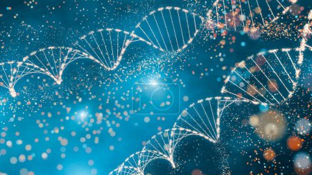 3D-Illustration eines DNA-Moleküls mit funkelnden Effekten, die Komplexität und genetische Vielfalt symbolisieren. Futuristisches Konzept der Genomik, Präzisionsmedizin und Computational Life Sciences.