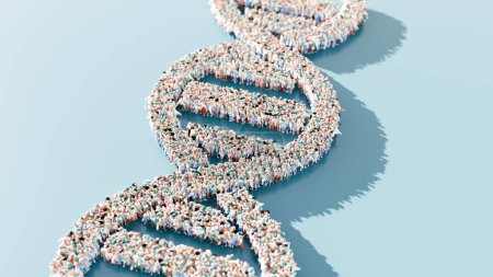 Estructura de doble hélice de ADN compuesta por diversas figuras humanas sobre un fondo azul claro. Unidad y diversidad en el concepto de humanidad para ciencias sociales, estudios comunitarios y diseño educativo