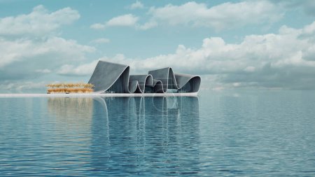 Foto de Modernos edificios ondulados en un paseo marítimo. Representación 3D de arquitectura futurista con reflejos sobre la superficie del agua. Paisaje sereno con vista al mar - Imagen libre de derechos