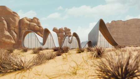Architecture écologique curvilinéaire dans un cadre désertique. rendu 3D de bâtiment en forme organique se mélangeant avec un paysage aride. Développement durable et concept de design.
