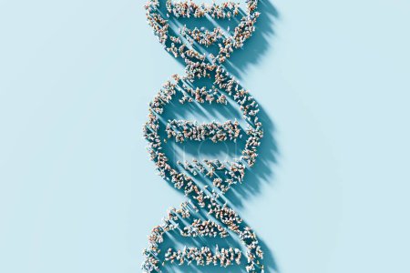 Téléchargez les photos : Structure à double hélice d'ADN composée de figures humaines sur fond bleu avec espace de copie. Concept de santé publique et génétique des populations - en image libre de droit