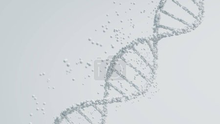 rendu 3D d'une molécule d'ADN en blanc avec des particules sur un fond de lumière, pureté scientifique et analyse génétique. Présentations médicales, contexte conceptuel de la recherche en biotechnologie et en sciences de la vie.