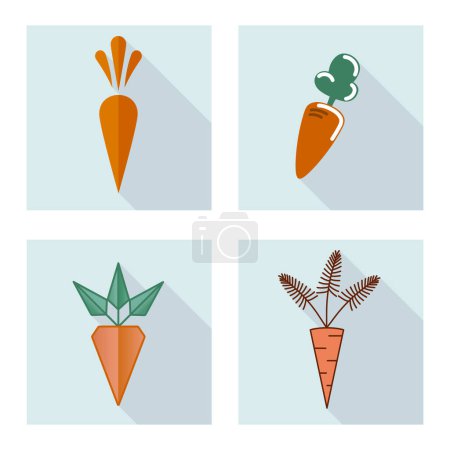 Illustration for Set of four icons of carrots. Square blue background with shadow. - Royalty Free Image