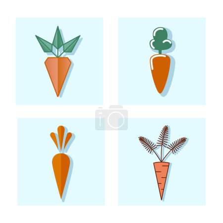 Illustration for Set of four icons of carrots. Square blue background with shadow. - Royalty Free Image
