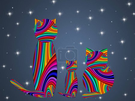 Téléchargez les photos : Belle carte de vœux avec trois chats regardant les étoiles. Ciel nocturne avec étoiles. Silhouette d'animal dans le ciel nocturne avec des étoiles. - en image libre de droit