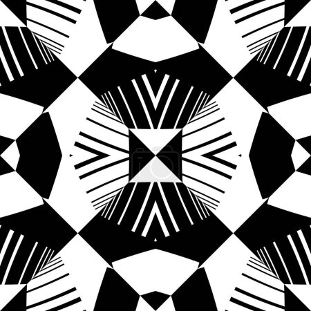 Patrón abstracto con elementos geométricos decorativos. Adorno blanco y negro. Moderna textura elegante que se repite. Ideal para tapicería, alfombra, colcha, tela, baldosas de cerámica, almohada