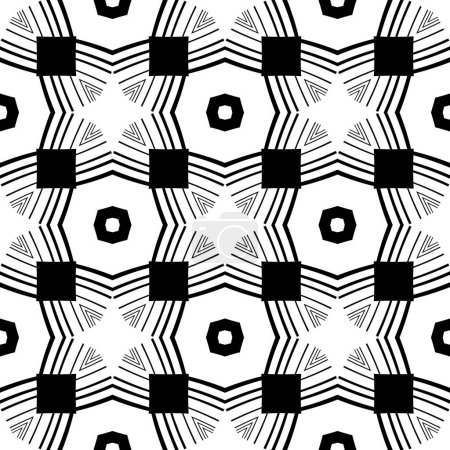 Abstraktes, nahtloses Muster mit dekorativen geometrischen Elementen. Schwarz-weißes Ornament. Moderne stilvolle Textur wiederholt. Ideal für Wandteppiche, Teppich, Tagesdecke, Stoff, Keramikfliesen, Kissen