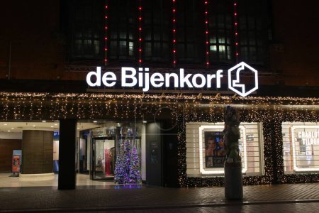 Photo for Lighting of the Bijenkorf shop in the Grote Marktstraat in the center of The Hague in the Netherlands - Royalty Free Image