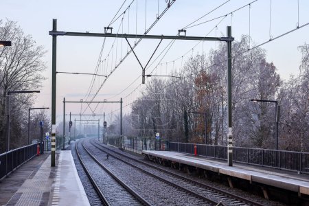 Téléchargez les photos : Chemins de fer de glace avec quais et train à Nieuwerkerk aan den IJssel aux Pays-Bas - en image libre de droit