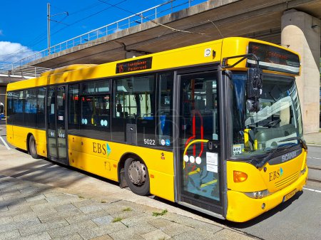 Photo for Yellow Scania Omnilink bus runned by EBS The Netherlands at Amsterdam Sloterdijk - Royalty Free Image
