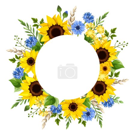 Foto de Diseño de tarjetas de felicitación o invitación floral con girasoles amarillos, flores de diente de león, flores de gerberas, acianos azules, espigas de trigo y hojas verdes. Diseño de tarjeta de círculo vectorial - Imagen libre de derechos