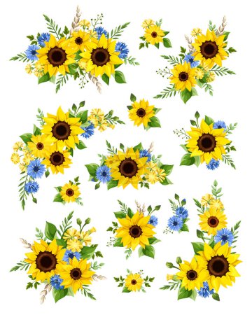 Illustration for Blue and yellow sunflowers, gerbera flowers, cornflowers, dandelion flowers, and green leaves. Set of floral design elements isolated on a white background - Royalty Free Image