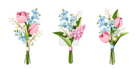 Frühlingssträuße aus rosa, blauen und weißen Tulpen, Hyazinthenblüten, Vergissmeinnicht-Blüten und Maiglöckchen blühen vereinzelt auf weißem Hintergrund. Reihe von Vektorillustrationen