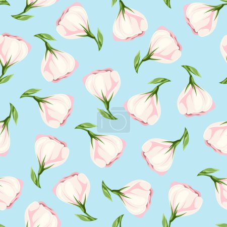 Illustration for Seamless floral pattern with pink lisianthus flowers on a blue background. Vector illustration - Royalty Free Image