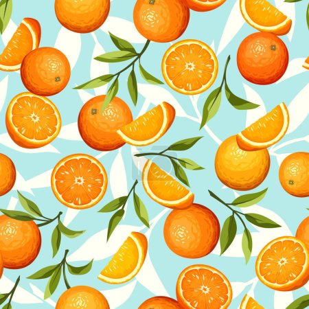 Seamless pattern with citrus orange fruit and green leaves on a blue background. Vector illustration