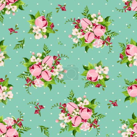 Foto de Patrón sin costura floral con tulipán rosa y flores de freesia sobre un fondo verde. Ilustración vectorial - Imagen libre de derechos