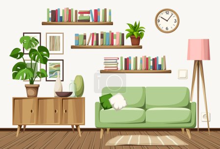 Cozy living room interior with a sofa, a dresser, books on bookshelves, a floor lamp, and a monstera in a pot. Cartoon vector illustration