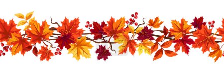 Illustration for Seamless border with red, orange, brown, and yellow autumn maple leaves and rowanberries. Vector illustration - Royalty Free Image