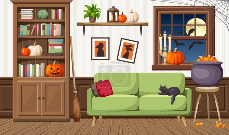 Living room decorated for Halloween. Halloween night interior. Vector cartoon illustration