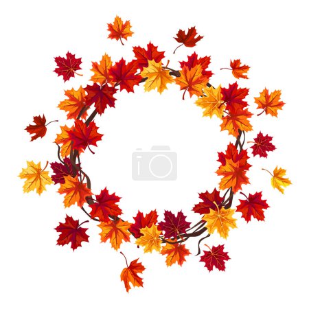 Illustration for Autumn maple leaf wreath with red, orange, and yellow maple leaves. Greeting or invitation card design. Vector circle frame - Royalty Free Image