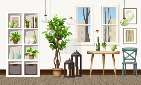 Foto de Café o diseño interior del hogar con una mesa, un estante y un gran árbol de ficus. Dibujos animados vector ilustración - Imagen libre de derechos