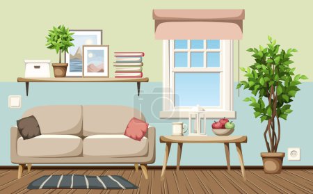 Ilustración de Acogedor diseño interior de la sala de estar con paredes pintadas a medias, un sofá y un gran ficus. Dibujos animados vector ilustración - Imagen libre de derechos