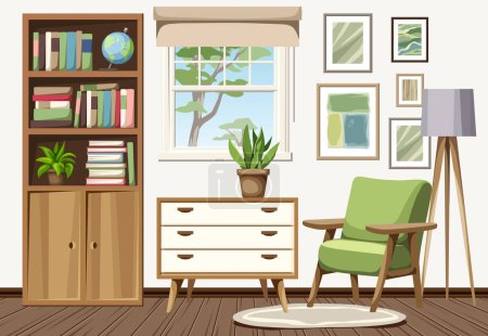 Wohnzimmereinrichtung mit Bücherregal, Sessel und Kommode. Retro skandinavisches Interieur. Zeichentrickvektorillustration